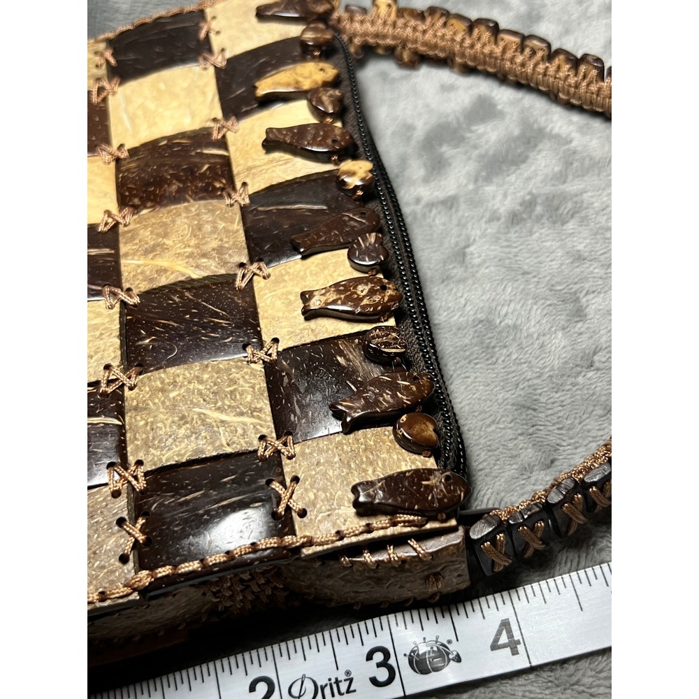 Vintage Coconut Shell Checkerboard Handbag Boho Island Artisan Mini Purse - Picture 9 of 9